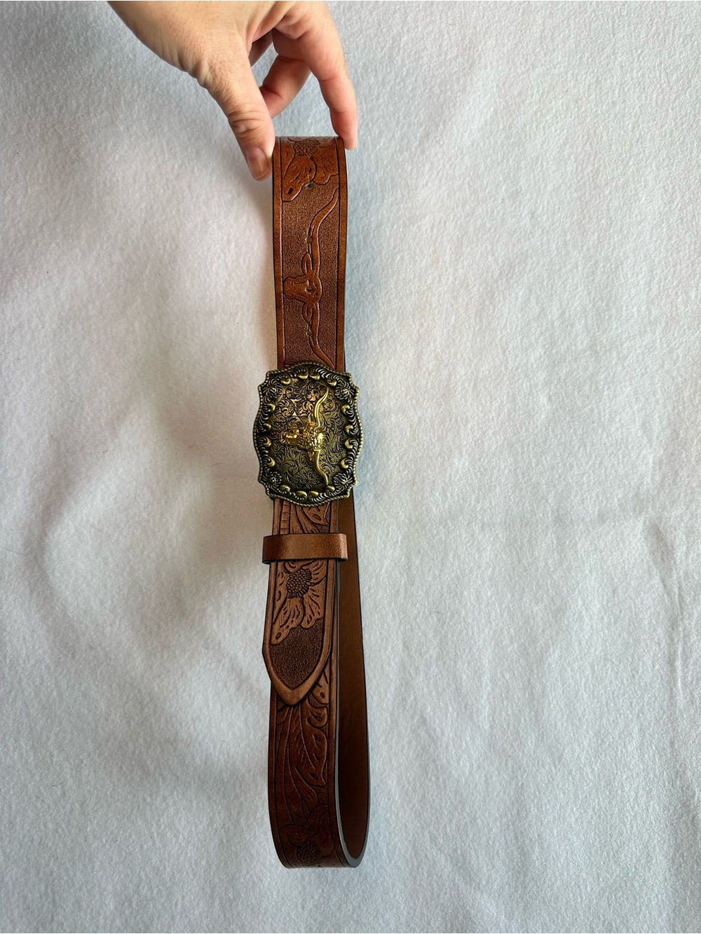 Western Faux Leather Belt Brown Embossed Floral Longhorn Steer Buckle